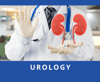 doctor with gloves holding model of kidneys and medication explaining urology Milestone Ambulatory Surgery Center Colorado